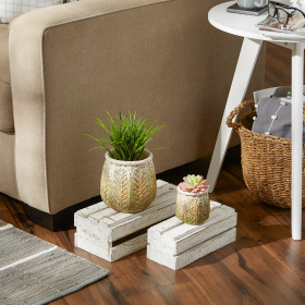 Vintage Leaf Design Cement Flower Pots, Set of 2 - Decorative Planters for Indoor and Outdoor Gardens