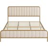Full size Gold Metal Platform Bed Frame with Off-White Upholstered Headboard