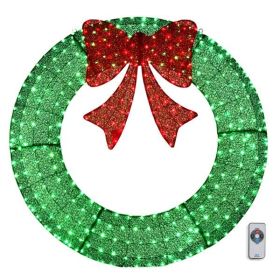 60in Pre-Lit Outdoor Christmas Wreath Decoration, LED Metal Holiday Decor For Home Exterior, Garden W 400 Lights, Bow - Green Red (Option: Default Title)