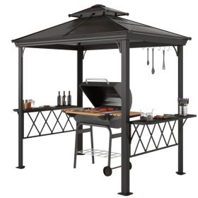 Pergola, Metal Barbecue And Cooking Pergola With Side Shelves, Vented Roof (Color: Black)