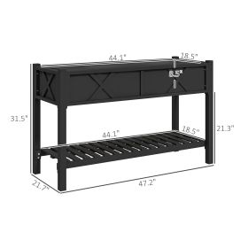 Planter, Raised Garden Bed, 47 X 22 X 31.5 In. Elevated Wood Planter Box With Storage Shelf, Drainage Holes, And Liner, Black (Color: Black)