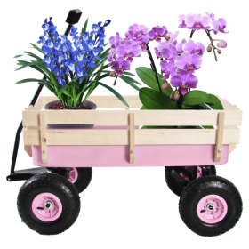 Outdoor Wagon All Terrain Pulling Wood Railing Air Tires Garden Cart (Color: Pink)