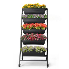 Planter, 5 Layered Compartments With Wheels Black PE Planter Pot, 25.6"W X 23.6"W X 51.2H (Color: Black)