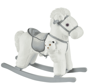 White Plush Rocking Horse With Bear Toy For Kids, Soft   Sound Rocker, Ideal For Nursery  Playtime (Color: White)