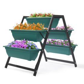 Planter, 25.6" L X 35.8" W X 31.1" H, 5 Levels, Trapezoidal Green, PE Planting Pots, Metal Frame (Color: Green)