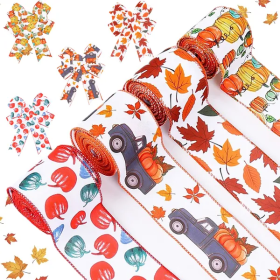 4Rolls 20Yards Thanksgiving Ribbons Autumn Wired Edge Ribbon Fall Themed Decorative Ribbon Pumpkin Maple Leaf Truck Grosgrain Ribbon For Thanksgi (Option: 4Pcs)