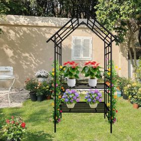 Planter, Metal Garden Arch, With Convertible 2 Shelves or Seat, Climbing Plants To Support Rose Arches, Outdoor Black (Color: Black)