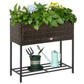 Planter, Elevated Rattan Planter Box With Tool Storage, Indoor/Outdoor, 28"  High (Color: Black)