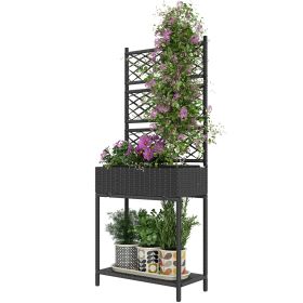 Planter, Outdoor Wicker Planter With Trellis For Climbing Plants, Freestanding Rattan Garden Box With Storage Shelf, Black (Color: Black)