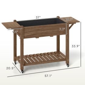 Planter, Wood Raised Planter Box, Elevated Garden Bed With Lockable Wheels, Side Tables, Bottom Shelf, Drain Holes, Carbonized (comforter sets: Carbonized)