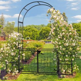 Trellis, Double Gate With Side Enclosed Sections, 7.2 FT High,  Black Curved Roof, Planting Frame, Iron Art 16mm Diameter Tubing, Iron Arch, (Color: Black)