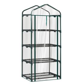Greenhouse, 4 Wire Shelves, 27" X 19" X 62" High, PE Cloth, Transparent PVC, Dark Green Iron Pipe, Flower Stand, Zippered Roll Up Door (Options: Dark Green)