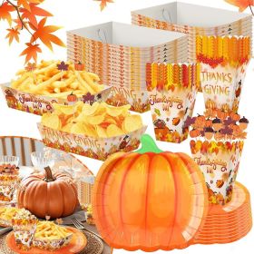 134 Pcs Thanksgiving Party Tableware Set Include Pumpkin Paper Plates Popcorn Boxes Food Trays With Fall Cocktail Picks Disposable Fall Harvest D (Option: 134Pcs)