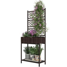 Planter, Outdoor Wicker Planter With Trellis For Climbing Plants, Freestanding Rattan Garden Box With Storage Shelf, Brown (Color: Brown)